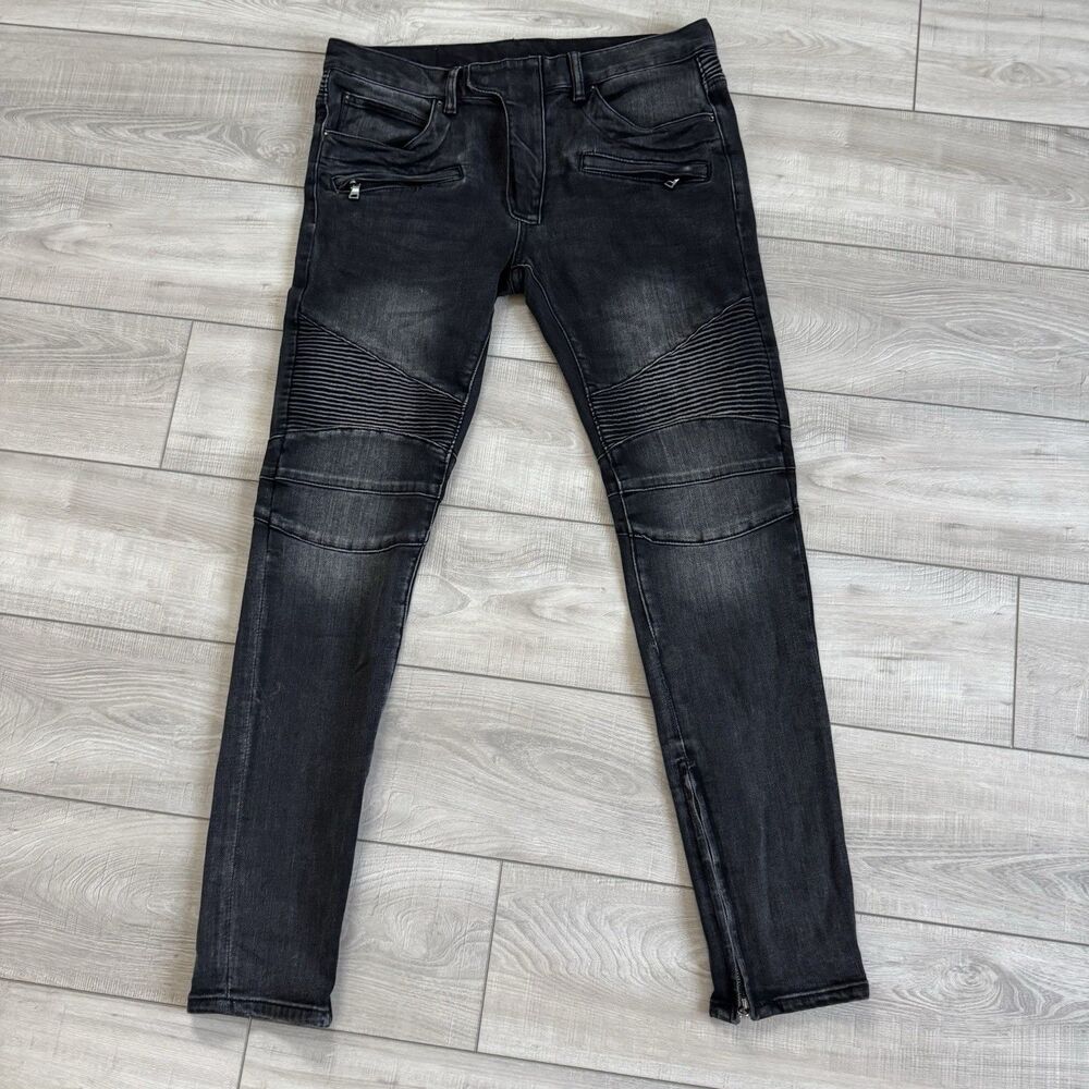 MNML Men's Black Denim Moto Biker Jeans, Ribbed Panel, Ankle Zip, size‎ 34